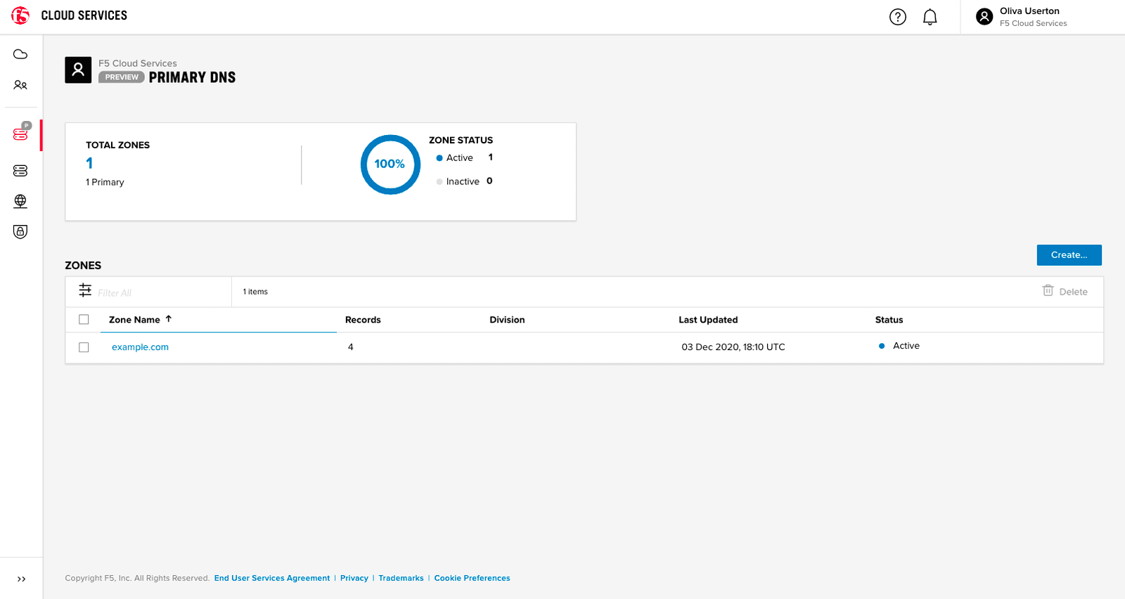 Figure 3: Primary DNS Dashboard indicating Zone Status