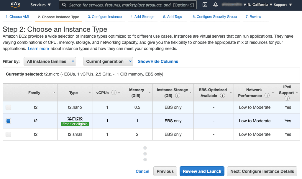 Screenshot of 'Step 2' page in Amazon EC2 instance-creation wizard