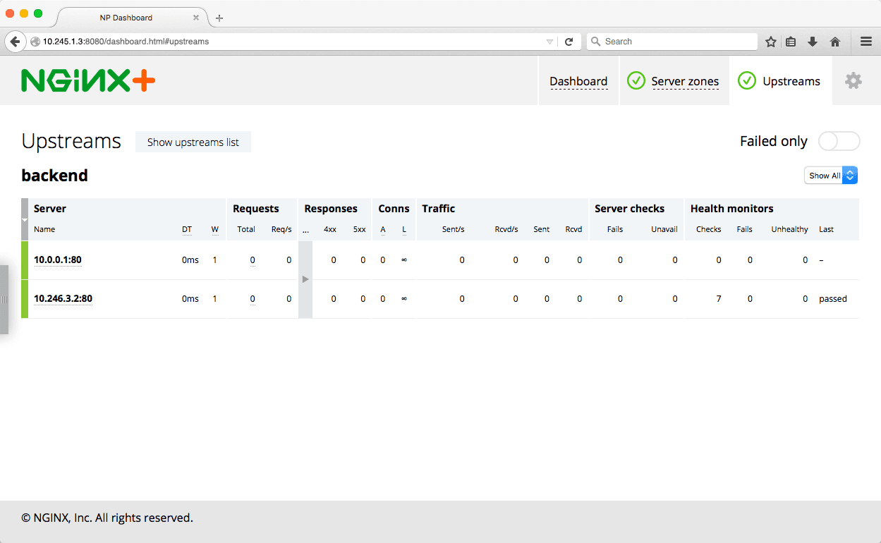 he NGINX Plus live activity monitoring dashboard after the Kubernetes services are created