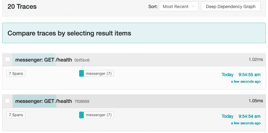 Screenshot of Jaeger GUI showing 2 most recent traces for the messenger service