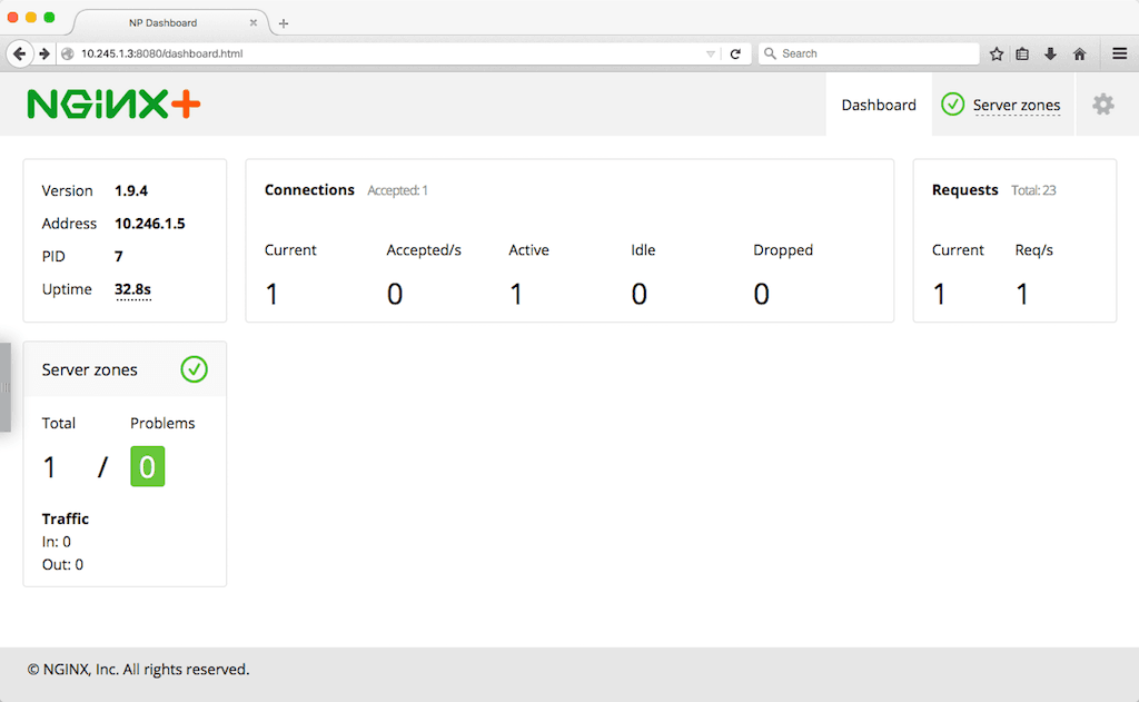 The NGINX Plus live activity monitoring dashboard before we create the Kubernetes services